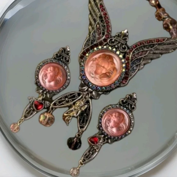 Vintage Signed Kirks Folly Whimsical Pink Cameo Crystal Ornate Silver Earrings
